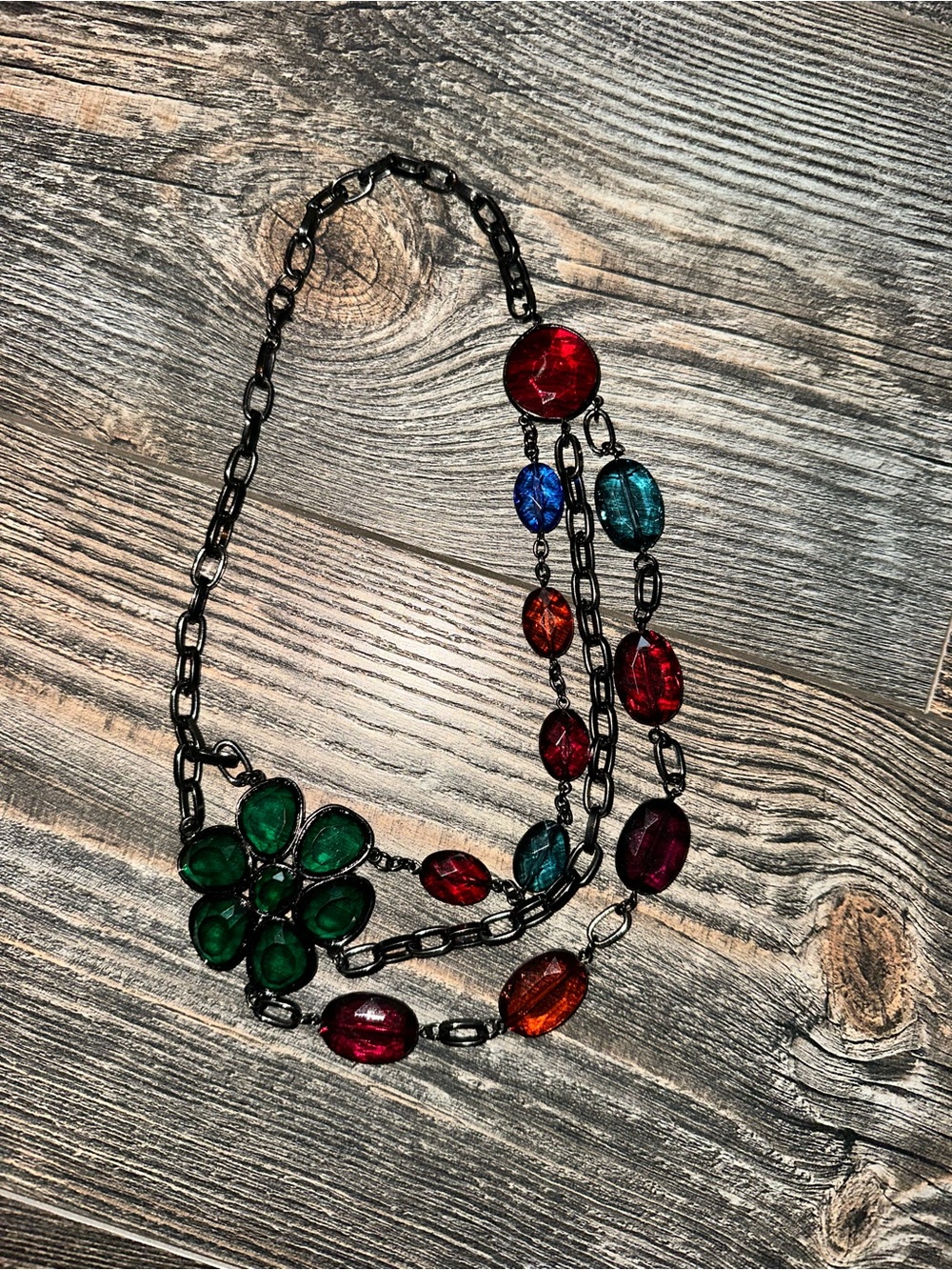 Vintage Chico’s Multicolor Gemstone Flower Necklace w/ Gunmetal Chain